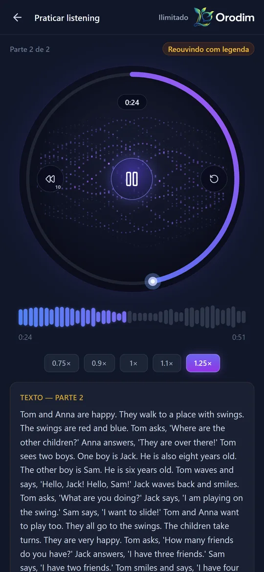 Listening com player de áudio, controle de velocidade e texto da história