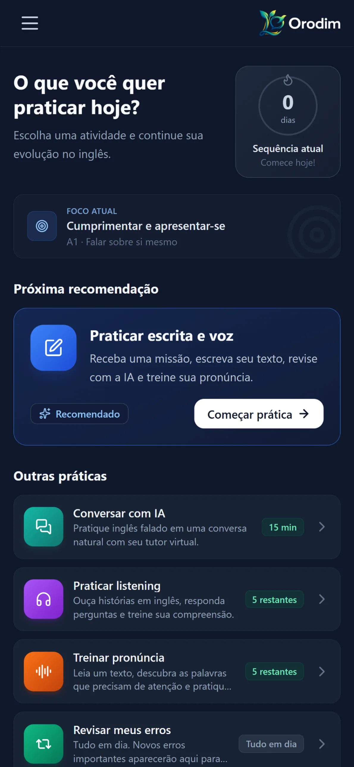 Tela inicial do Orodim com as práticas disponíveis